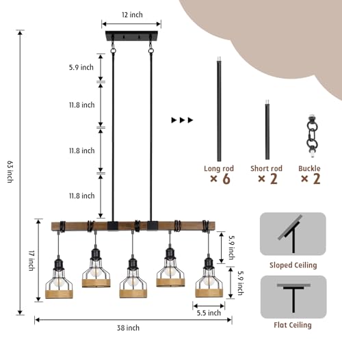 5 Light Kitchen Pendant Lighting Over Island Rustic Solid Wood
