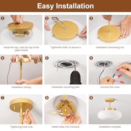 Mid Century Modern Gold Semi Flush Ceiling Light 12.6 Inch