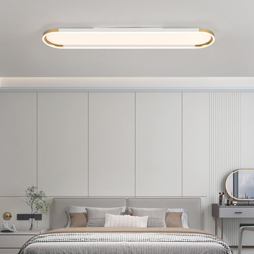 Modern LED Ceiling Light Dimmable Linear Ceiling Light 39.4in Semi Flush Mount Long Lights with Remote Control and Side Lighting for Living Room Kitchen Dining Room White & Gold