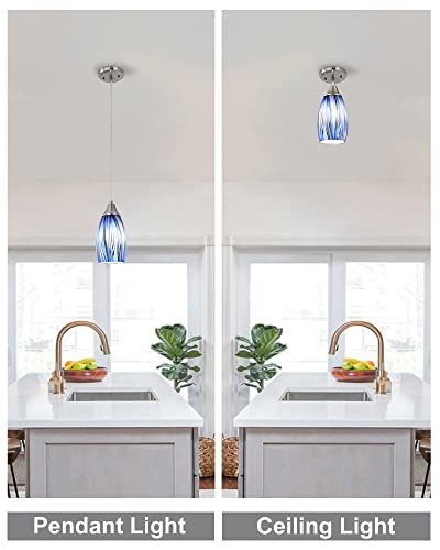 Mini Art Glass Dark Blue Pendant Lights Kitchen Island Hand Blown Mini Glass Pendant Lights with Brush Nickel Finish Adjustable Cord for Kitchen Over Sink