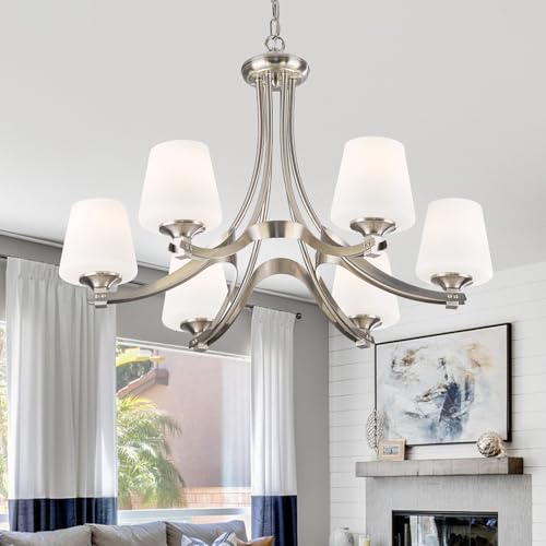 6 Light Brushed Nickel Chandeliers for Dining Room with Frosted Glass 47.2" Adjustable Silver Pendant Ceiling Lighting Rustic Vintage Hanging Lamp for Farmhouse Kitchen Island Dining Table Living Room