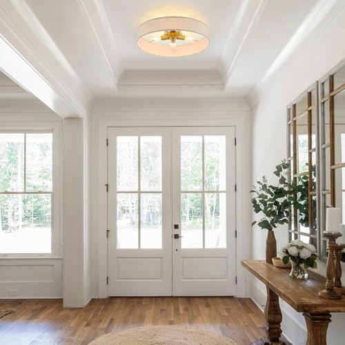Gold Semi Flush Mount Ceiling Light Fixture 24" Large Modern Ceiling Light with Linen Fabric Drum Shade 5