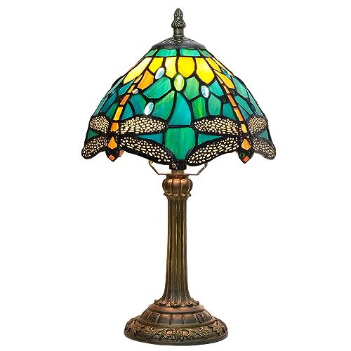 Tiffany Lamp Style Stained Glass Table Lamp Teal Dragonfly Green Bedroom Bedside Light for Office Dorm Bar Decor Retro Unique Cute fun Small Night Light Gift Aesthetic Accent Village Nightstand Lamps