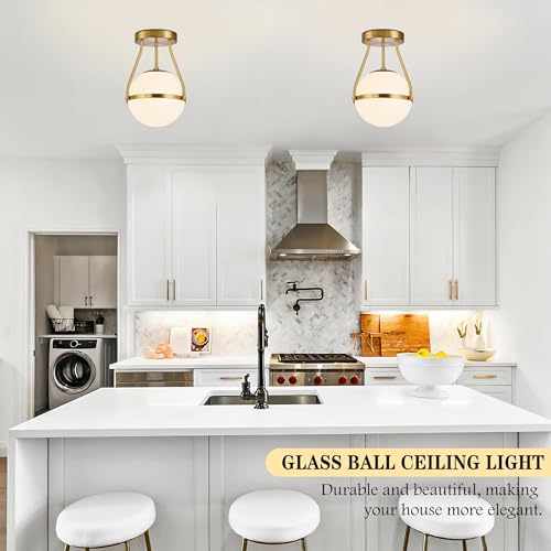 8 Inch Mid Century Ceiling Light Modern Semi Flush Mount Ceiling Light Fixture Globe Ceiling Light Fixture with Milk Glass Shade Brass Finish for Kitchen Island Hallway Living Room
