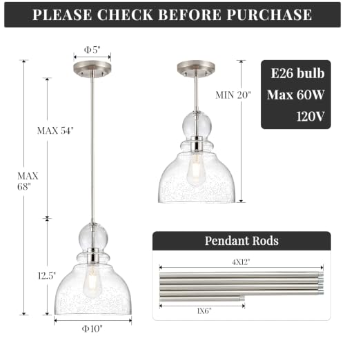 Brushed Nickel Seeded Glass Pendant Light Modern Kitchen light fixture