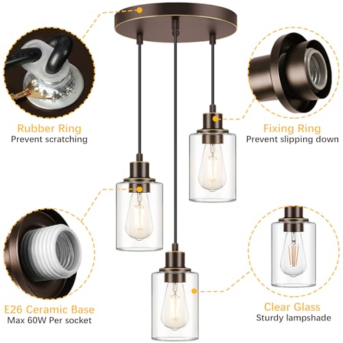 Industrial 3 Light Pendant Light Fixture Clear Glass