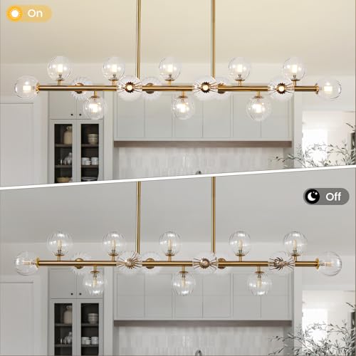 Gold Globe Chandelier Linear Rectangle Modern Chandelier Glass Pendant Light Fixture Adjustable for Dining Living Room Kitchen Island 55"