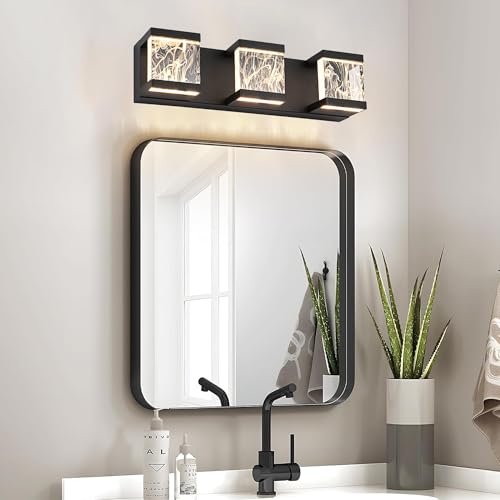 Modern LED Bathroom Lights Over Mirror 15W 3 Lights LED Vanity Light Bar with Unique Smoke Acrylic Panel Black Bathroom Wall Light Fixtures for Bath Powder Room