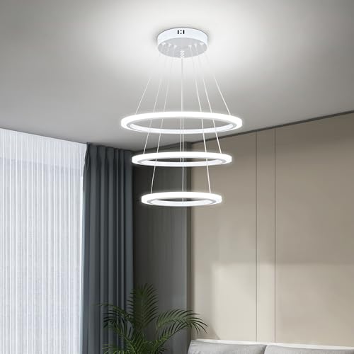 Modern LED Chandeliers White Pendant Light Fixture 3 Ring Flush Mount Chandeliers with Adjustable Hanging Cord for Bedroom