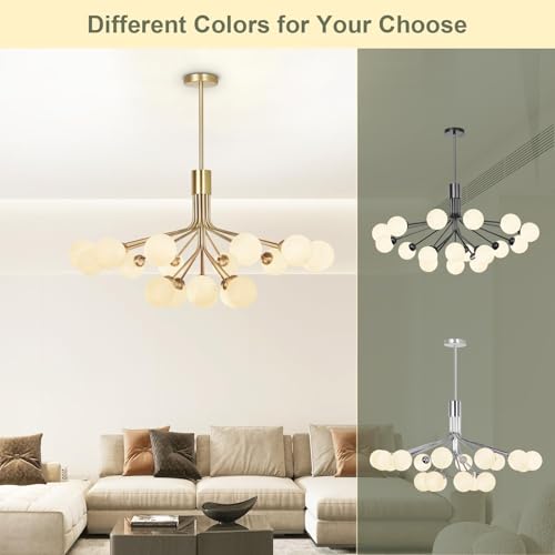Depuley Bubble Ball Sputnik Chandelier: 18-Light Glod Modern Mid-Century Chandeliers for Dining Room - Milky White Glass Ceiling Light Fixture Height Adjustable Kitchen Over Table Included G9 Bulbs