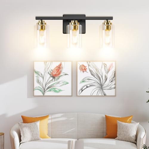 19" Black & Gold Modern Vanity Lights Over Mirror with Clear Glass Shades