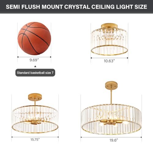 Crystal Gold Semi Flush Ceiling Light 19.68 Inch