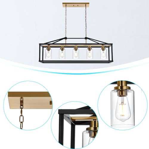 Rectangle 5 Lights Black Modern Dining Room Lighting Fixtures Hanging Over Table