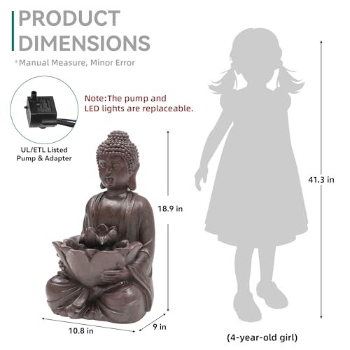 AUTODAYA 18.9" H Buddha Statue Outdoor Water Fountain with Warm LED Lights