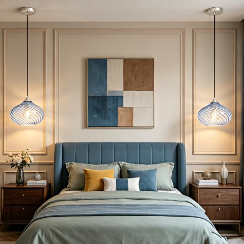 11in Brushed Nickel Pendant Lights Kitchen Island with Blue Glass Shade 1PC