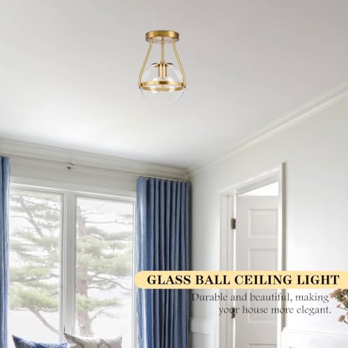 6" Globe Semi Flush Mount Ceiling Light Fixture Modern Gold Semi Flush Mount Ceiling Light Mid Century Ceiling Light with Clear Glass Shade Brass Finish for Hallway Bathroom Foyer