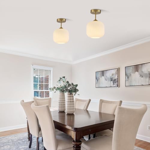 Gold Milk Glass Semi Flush Mount Light Vintage White Ribbed Flush Mount Ceiling Light Small Hallway Globe Ceiling Light Fixtures for Bedroom Entryway