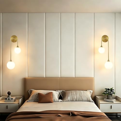Mid Century Modern Wall Sconce Set of 2 Brushed Gold Milk Glass Sconces with Double Ball Hardwired Wall Light for Bedside Bedroom Bathroom Living Room Corridor G9 Base