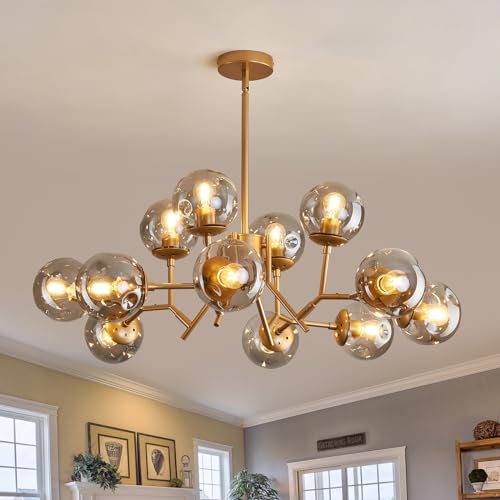 12 Light Modern Gold Sputnik Chandelier with Glass Globe