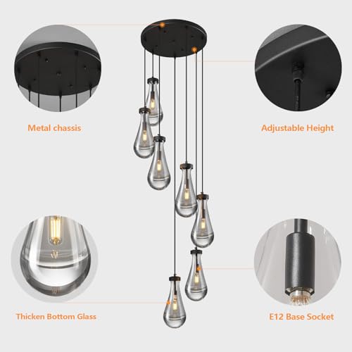 Raindrop Pendant Lights Kitchen Island Teardrop Black Hanging Light Fixtures Clear Solid Glass Pendant Light Modern Chandeliers for Dining Room Porch Corridor Living Room