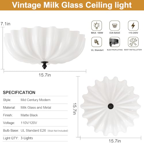 15.7in Milk Glass Ceiling Light Flush Mount Flower Shade 3 (Black & Milk / 15.7in)