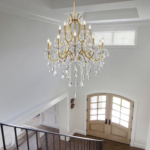 Antique French Country Gold Crystal Chandelier 2 Layers 15 Lights Dia31.5 Maria Theresa Light Fixture for Dining Room