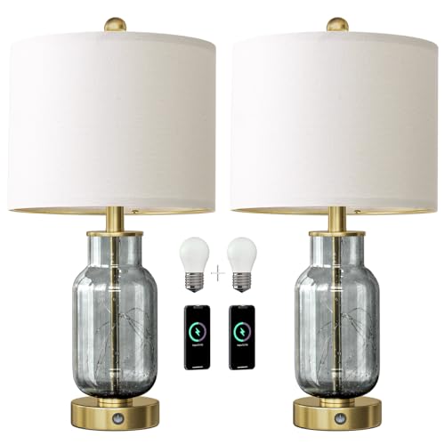 22" Glass Table Lamps Set of 2 with LED Nightlight for Bedroom (2 Count)