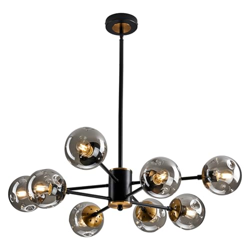 8 Light Glass Globe Sputnik Chandelier Matte Black and Gold Mid Century Modern Ceiling Light Fixture Adjustable Vintage Hanging Pendant Lighting for Dining Room Kitchen Bedroom Farmhouse
