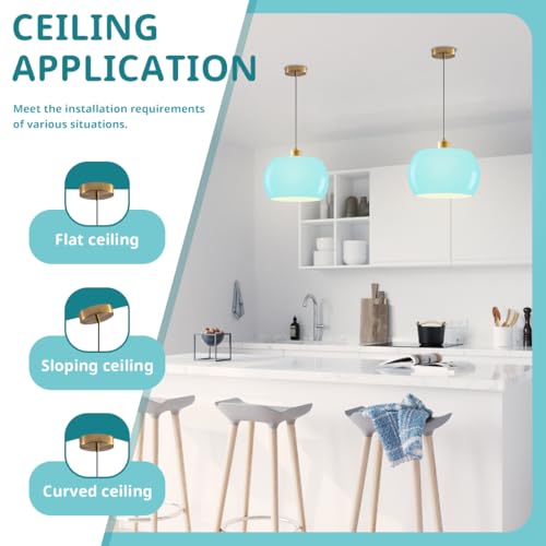 Ocean Blue Kitchen Island Pendant Light Hand Blown Glass Shade Gold Adjustable Hardwire Hanging Light for Restaurant Farmhouse Foyer