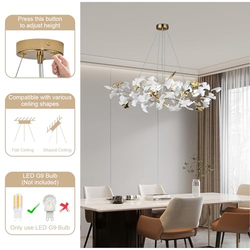 Branch Chandelier Modern Gold Ceramic Ginkgo Leaf Chandeliers L47 Inch Brass Rectangle Chandelier Large Luxury Hanging Lights Fixture for Living Room Dining Room