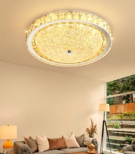 19.6" Modern Crystal Chandelier Dimmable LED Flush Mount Ceiling Light with Remote Control for Living Room Dining Room Bedroom Hallway Foyer Silver