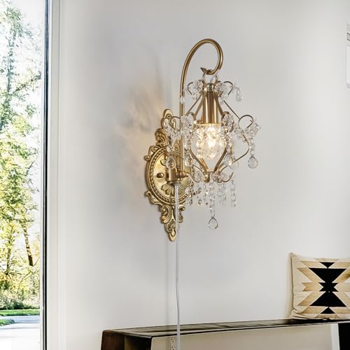 Plug in Cord Gold Crystal Vintage Indoor Wall Sconces Light Set of 2 (2 Count)