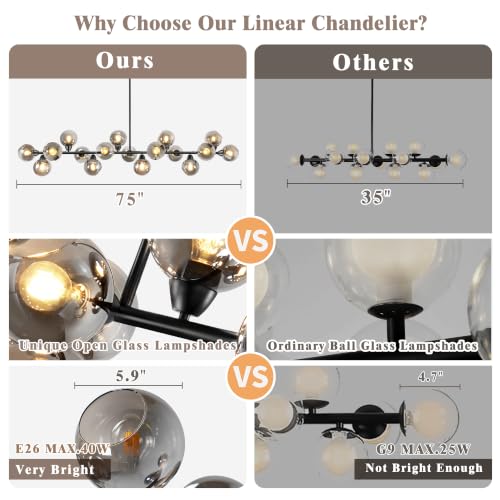 75'' Black Linear Chandelier Large Dining Room Light Fixtures Over Table