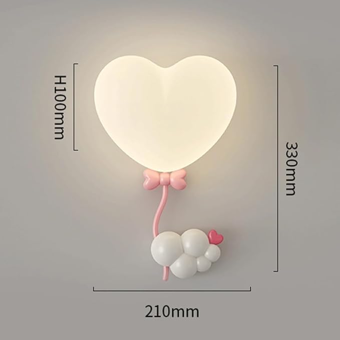 Cute Heart Shaped Wall Sconce, Whimsical Pink Balloon & Cloud Design LED Light, 3 Color Adjustable Bedside Lamp for Kids Room, Nursery, Girls Bedroom Decor, Romantic Accent Lighting