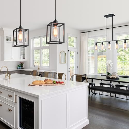 3 Pack Black Pendant Lights for Kitchen Island Industrial Lantern Pendant Light Fixtures with Clear Glass Shade (3 Count)