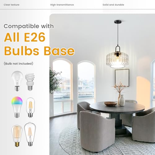 Clear Glass Pendant Light Fixture Kitchen Island Farmhouse Dining Room Pendant Lights Striped Wave Globe Lamp Shade Black Metal Light fixtures Modern Glass Ceiling Hanging Lighting