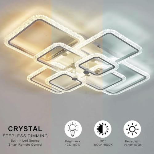 41.3in Modern LED Ceiling Light Fixture Dimmable Crystal Flush Mount Led Ceiling Lights 8 Square Frame with Remote Ceiling Lamps for Living Room Kitchen Bedroom