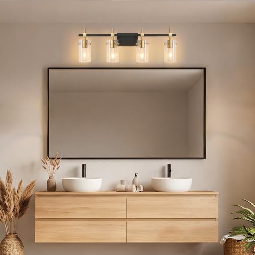 Farmhouse Brass Bathroom Vanity Lights fixtures Over Mirror Vintage Bathroom Lighting Wall Sconce with Glass Shade 4 Lights