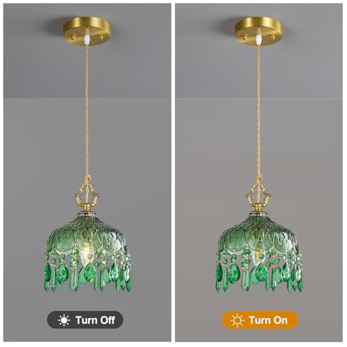 Brass Vintage Pendant Light Green Crystal Hanging Light Fixtures