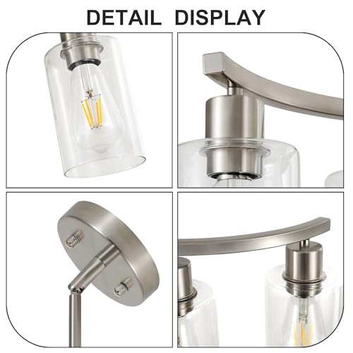 3 Light Brushed Nickel Dining Room Light Fixture,Modern Kitchen Chandeliers Over Table,Adjustable Height Industrial Hanging Pendant Lights for Kitchen Island with Glass Shade