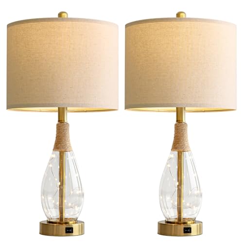 23" Table Lamps for Living Room Set of 2 Bedside Lamps for Night Stands Bedroom Lamps Farmhouse Rattan Boho Lamp Glass Nightlight End Table Lamp with USB C+A (2 Count)
