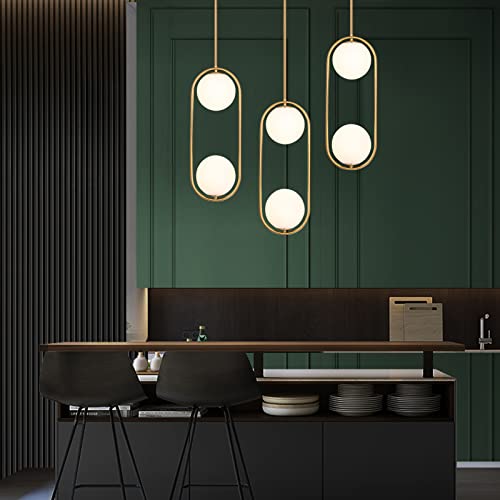 2 Lights Gold Pendant Lighting Milky Glass Globe Shade Hanging Light