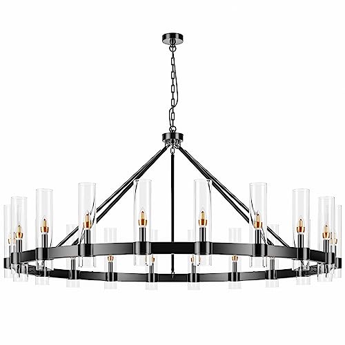 20 Lights Black Wagon Wheel Chandelier Modern Farmhouse with Glass Shade