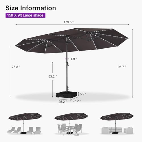 Patio Umbrella 15ft with Base and Solar Lights