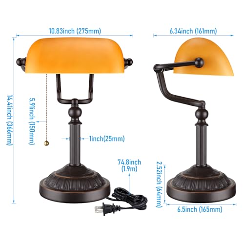 Amber Glass Bankers Desk Lamp with Pull Chain