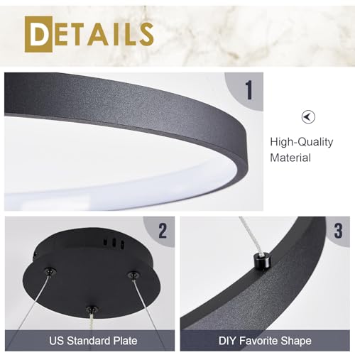 Modern LED Pendant Light Black Ring Chandelier 24" Dimmable Flush Mount Pendant Chandelier for Dinning Room Office Kitchen Living Room