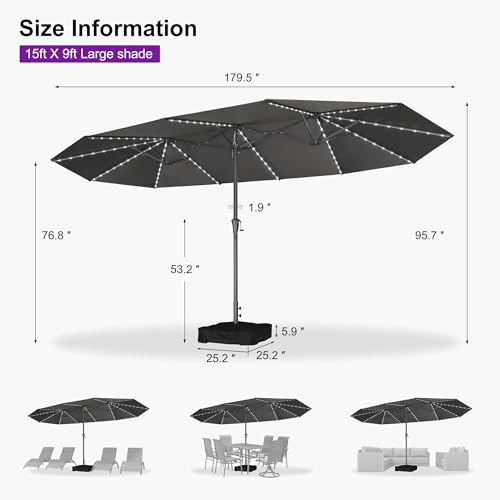Patio Umbrella 15ft with Base and Solar Lights Outdoor