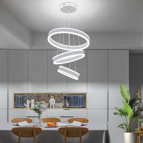 Modern LED Chandeliers Adjustable Hanging White Pendant Light Fixture 3 Ring Flush Mount Chandeliers for Bedroom
