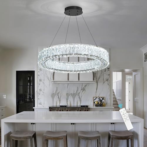Modern Round Crystal Chandelier Remote Dimmable Ceiling Light Fixture for Dining Room Living Room Kitchen Island Black