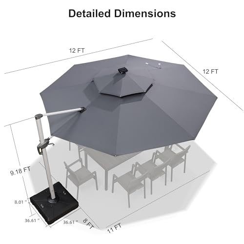 Patio Umbrella with Base 12ft Solar LED Light Double Top